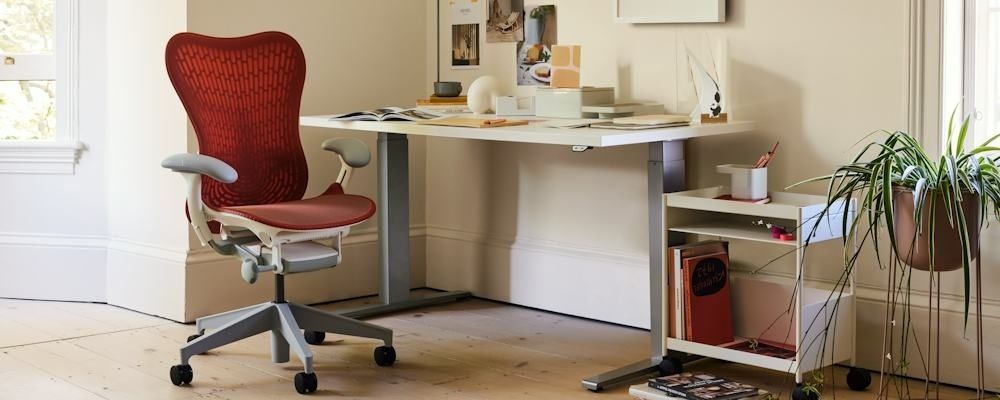 Ergonomischer Schreibtisch mit Bürostuhl und Zimmerpflanze